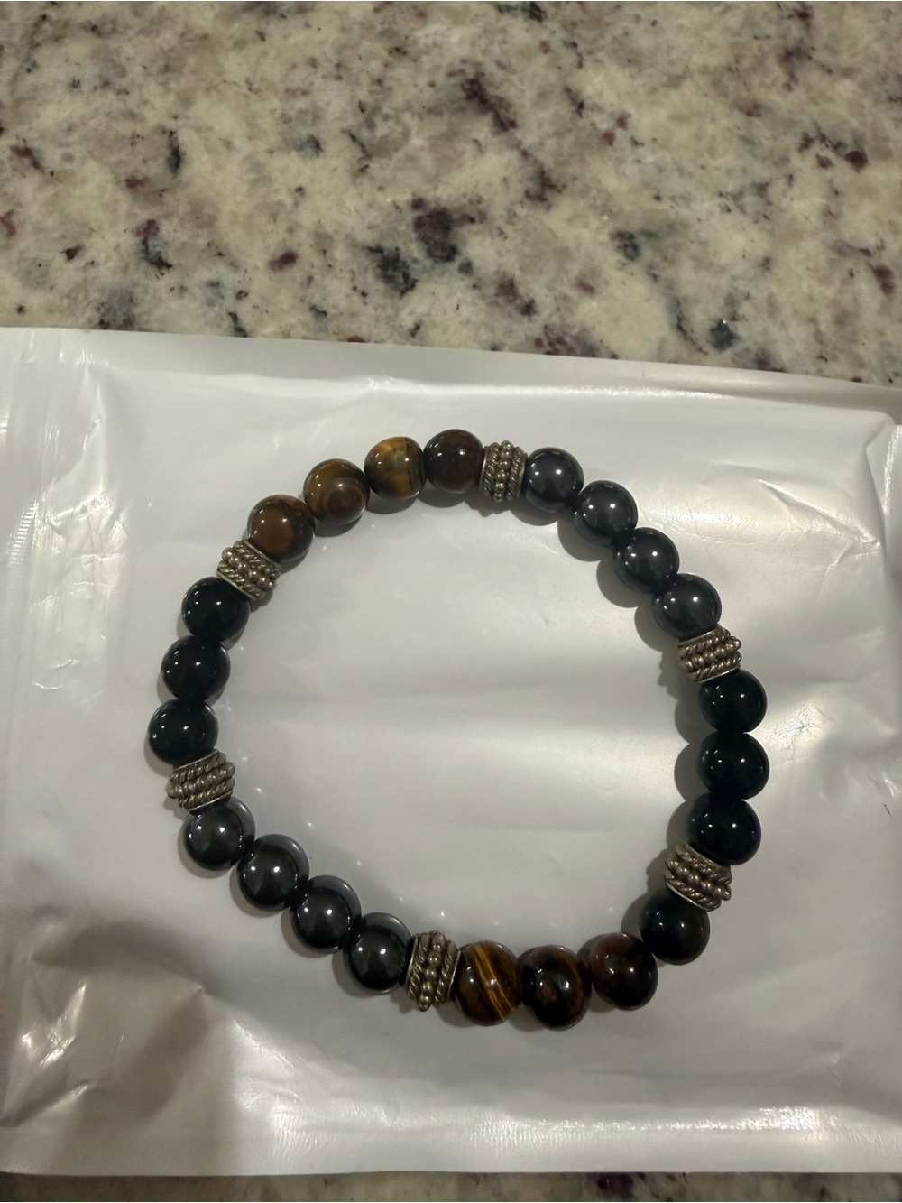 Source Unknown Tiger Eye and Hematite Beaded Bracelet with Silver Accents